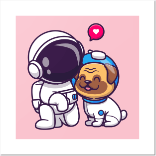 Cute Astronaut With Pug Dog Cartoon Posters and Art